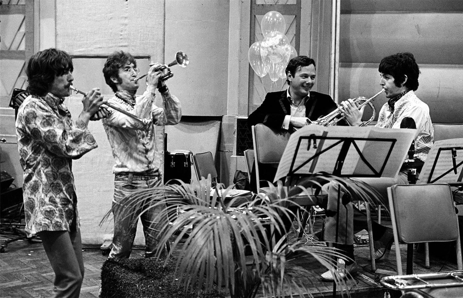 David Mangus Black and White Photograph - George Harrison, John Lennon, Paul McCartney, and Brian Epstein, 1967
