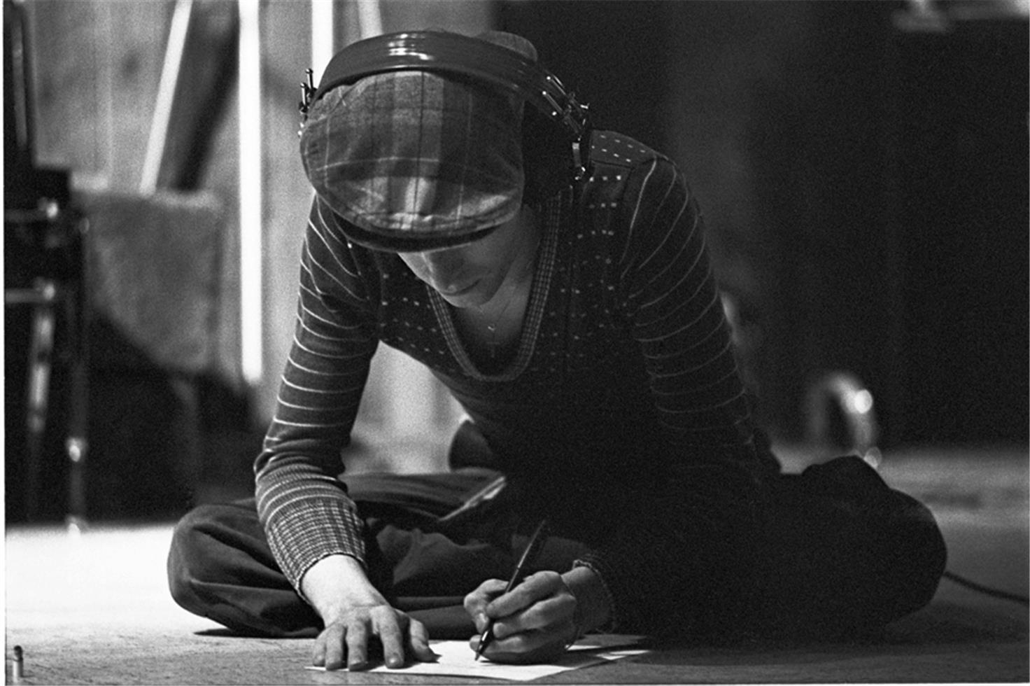 Geoff MacCormack Black and White Photograph - David Bowie, writing lyrics, Cherokee Studios