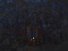 Campfire 28 giugno, ore 23:38 - Dipinto moderno ed espressivo di un paesaggio notturno nella foresta