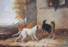 Three dogs with a bone - 19th century painting by Newton Smith Limbird Fielding