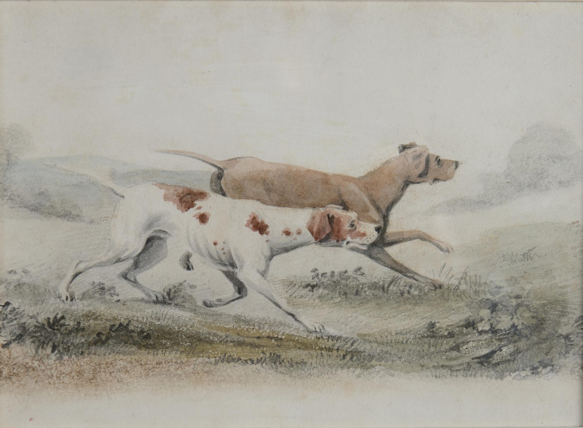 Unknown Animal Art - Two Pointers in a Landscape - 19th century watercolour of dogs