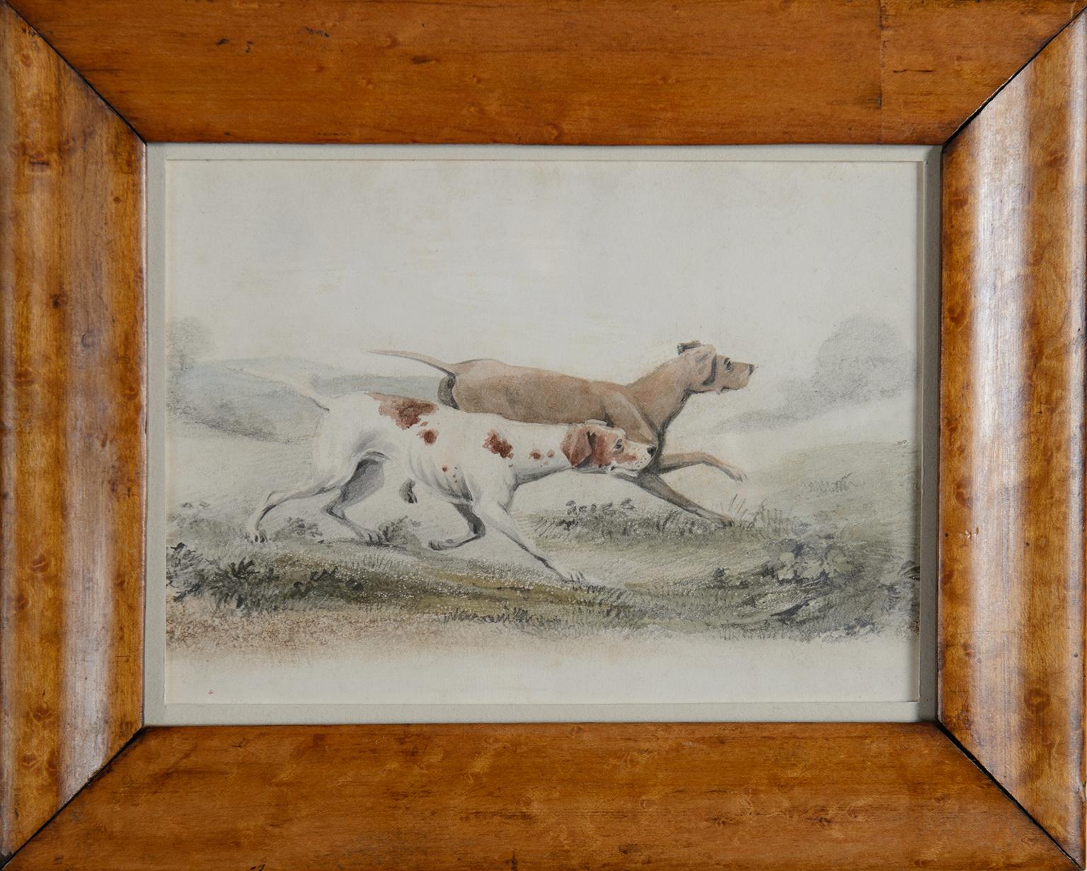 Two Pointers in a Landscape - 19th century watercolour of dogs - Art by Unknown