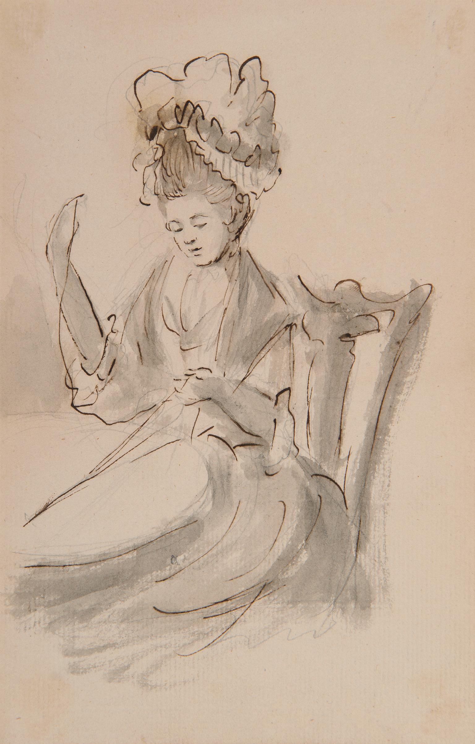 Unknown Figurative Art – A lady wearing a mob cap sewing - 18th century figurative ink drawing