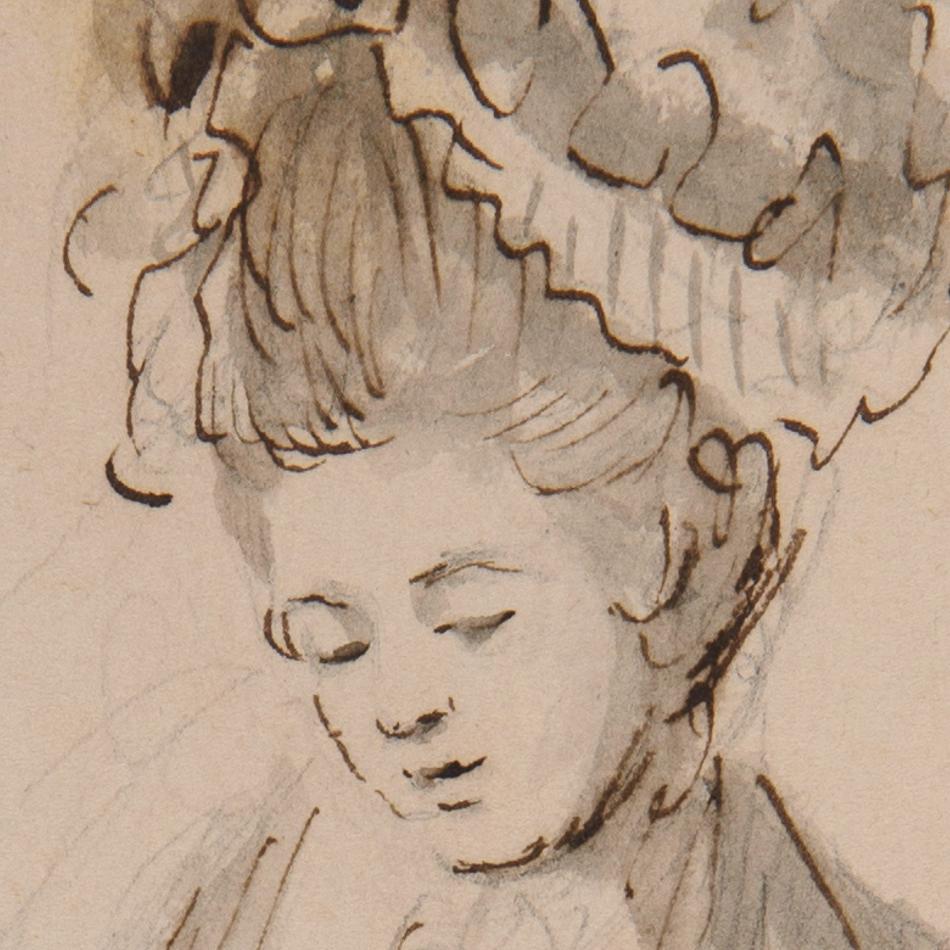A lady wearing a mob cap sewing - 18th century figurative ink drawing – Art von Unknown