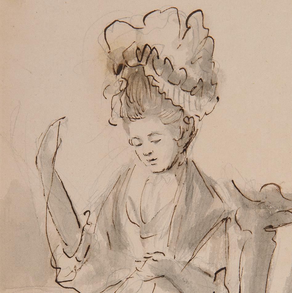 A lady wearing a mob cap sewing - 18th century figurative ink drawing - Romantic Art by Unknown