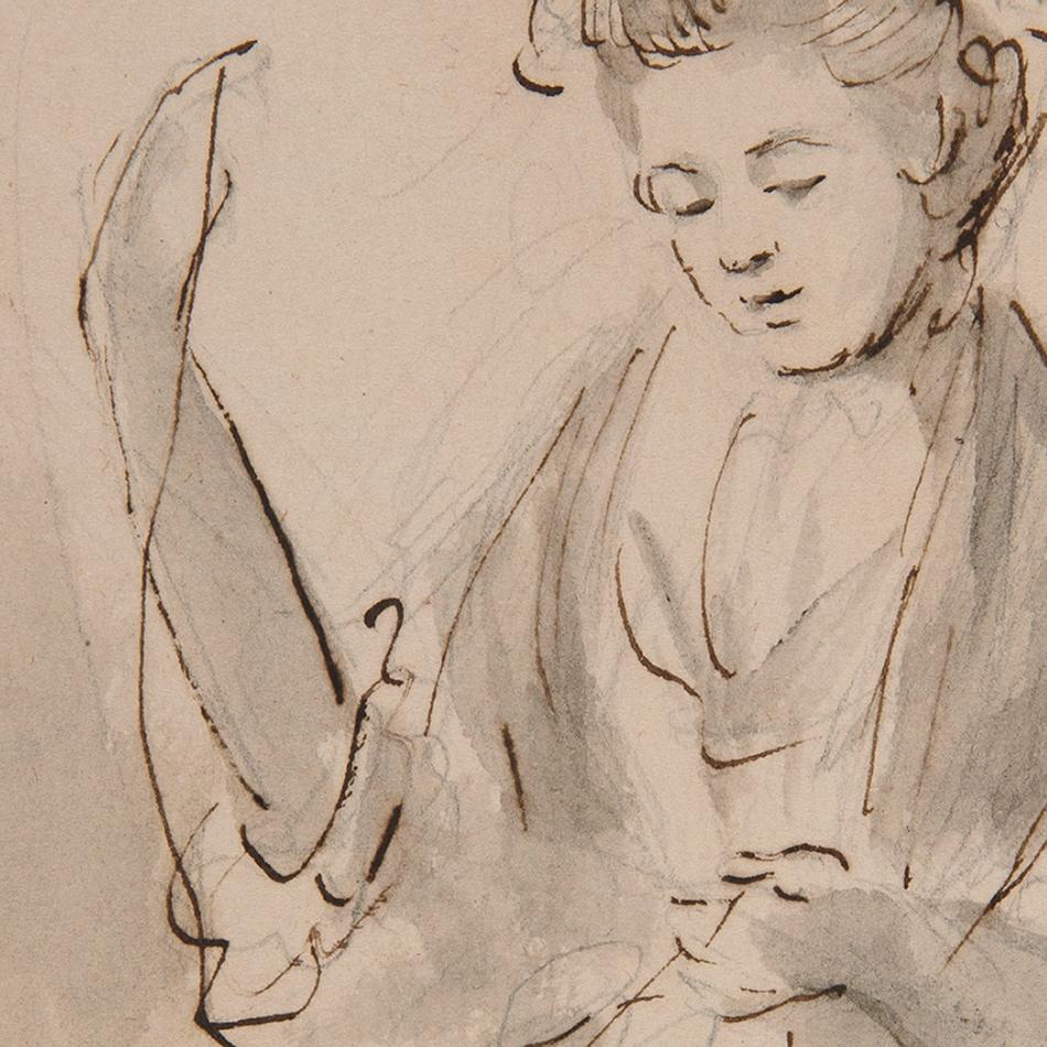 A lady wearing a mob cap sewing - 18th century figurative ink drawing - Beige Figurative Art by Unknown