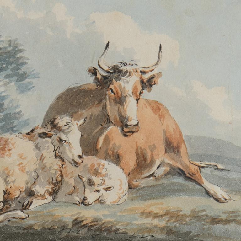 Cows and Sheep - early 19th century watercolour painting by Peter La Cave 1