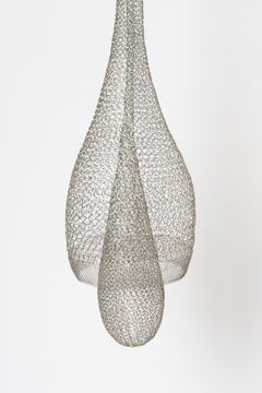 "Cloche" (Bell) Hand-Woven Smooth Pendant Sculpture in Grey Stainless Steel Wire