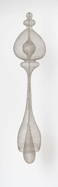 "Cloche" (Bell) Hand-Woven Smooth Pendant Sculpture in Grey Stainless Steel Wire