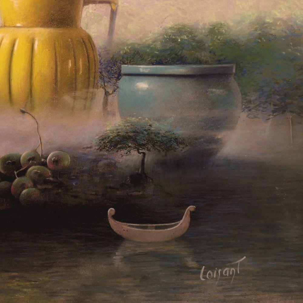 „Stillleben im Wald“ Poesie-Gemälde, realistisch, gelb-rosa, pastellfarben – Painting von Sylvain Loisant