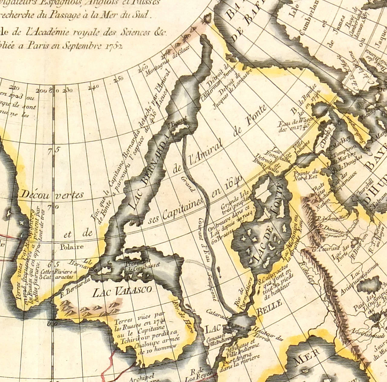 Hand colored, vintage French copper engraving map showing the apocryphal discoveries of Admiral de Fonte of a Northwest passage through the North American continent by French Royal cartographer De Vaugondy, 1752. Many annotations explain various
