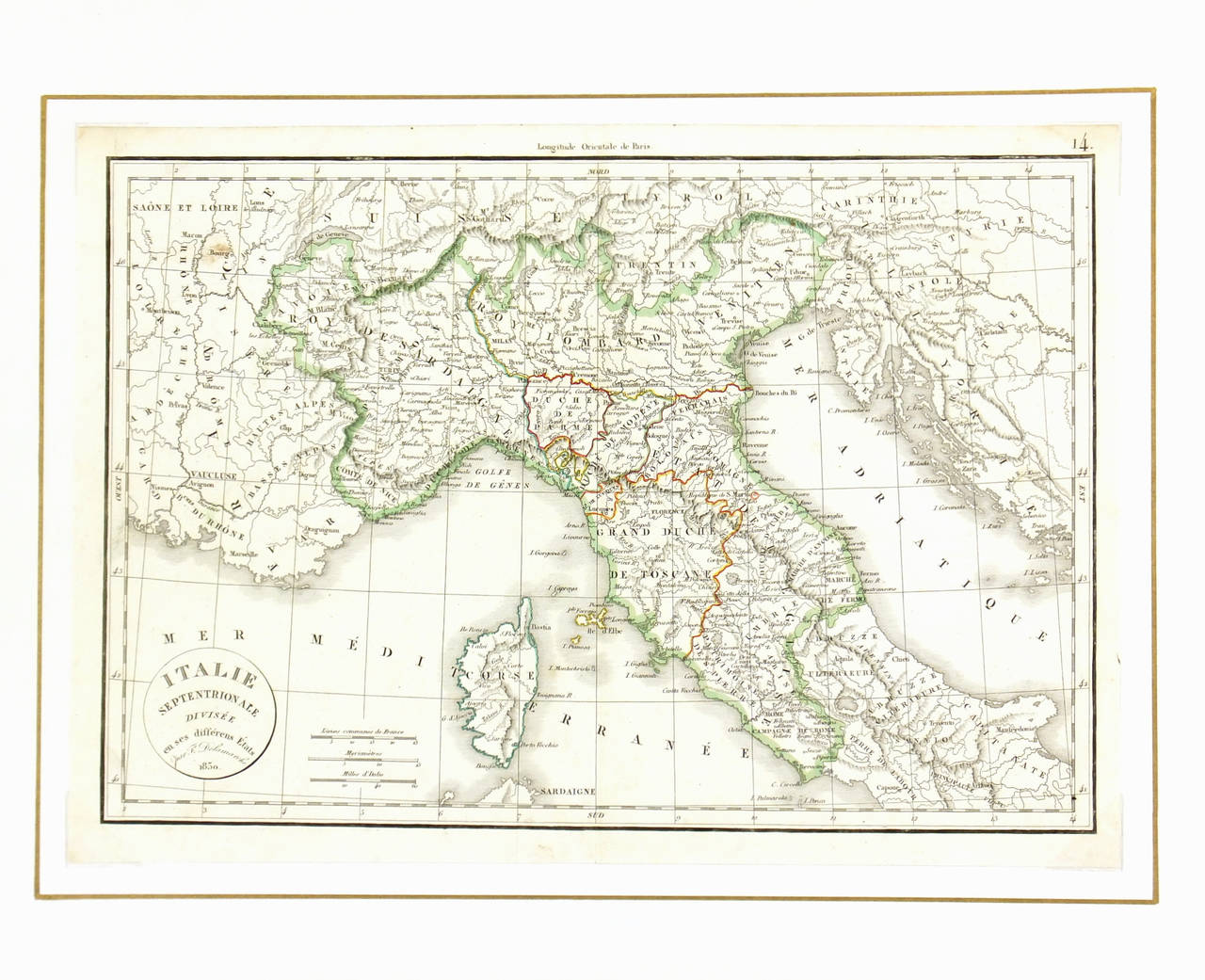 Charme Antiques mappa incisa in francese dell'Italia settentrionale, 1830. Mostra fiumi, montagne, stati e città. Tra gli altri, i ducati di Toscana e Parma. Contorni originali colorati a mano. 

Mappa antica originale esposta su una stuoia bianca