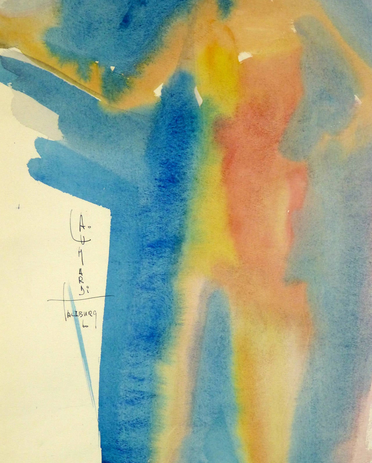 Fanciful watercolor female nude abstract with auburn hair by artist L. Aumardi, 1960. Signed and dated middle left. Titled: Salzburg.

Original one-of-a-kind vintage work of art on paper displayed on a white mat with a gold border and fits a