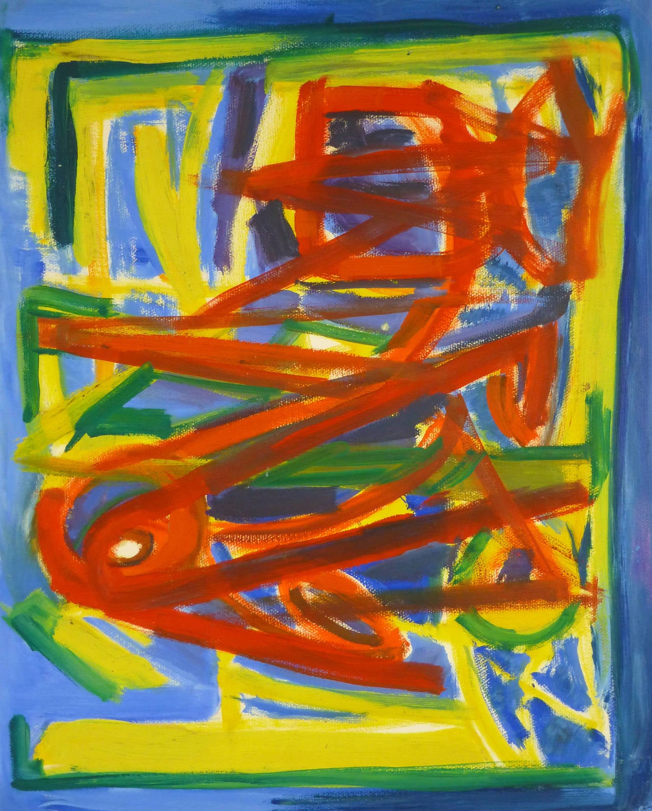 One-of-a-kind French abstract acrylic painting on paper utilizing bold stokes in vivid colors, circa 1960. Artist unknown.

Original one-of-a-kind vintage work of art on paper displayed on a white mat with a gold border and fits a standard-size