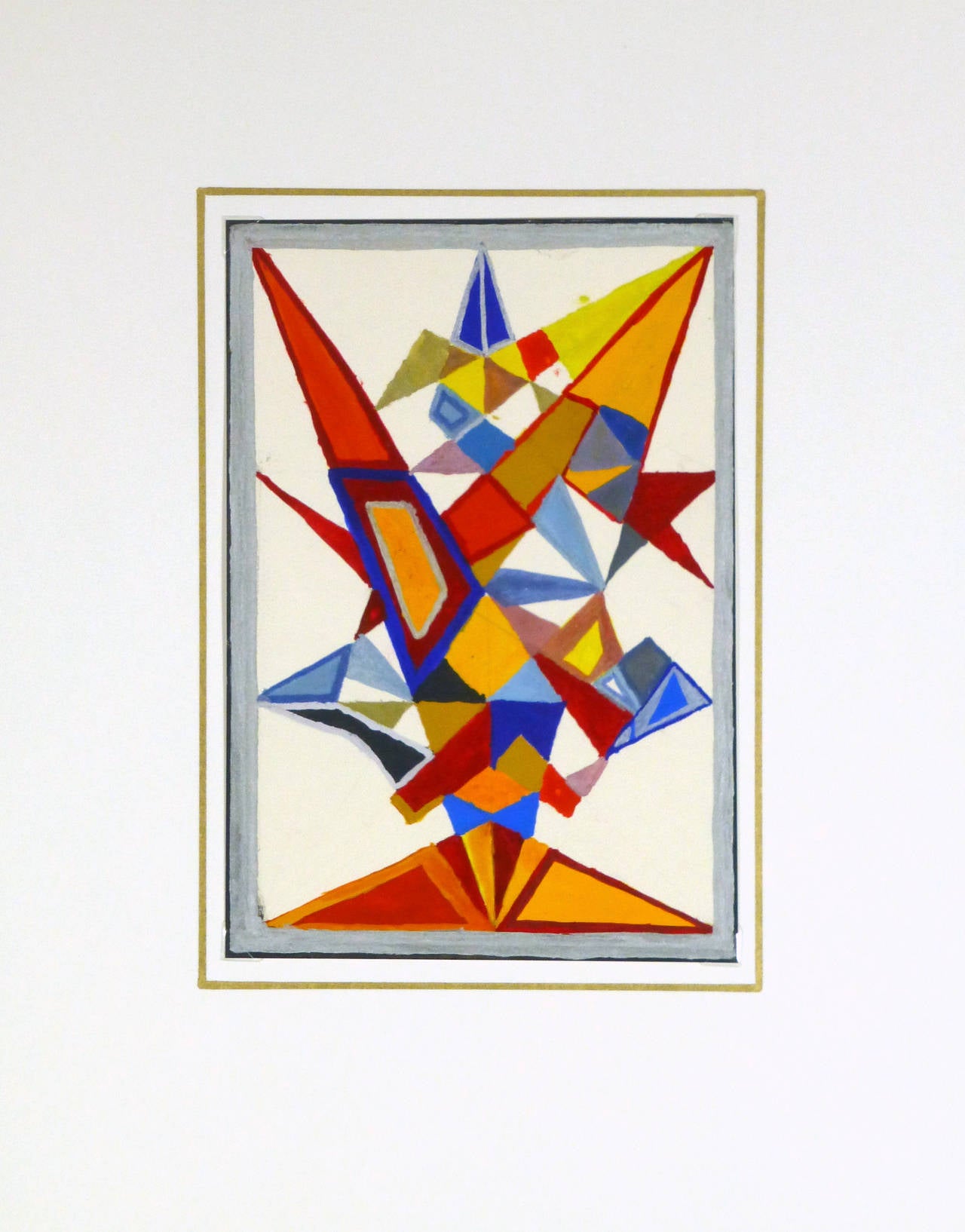 Abstract acrylic painting made up of vivid geometric shapes, circa 1965. Artist unknown.

Original one-of-a-kind vintage work of art on paper displayed on a white mat with a gold border. Mat fits a standard-size frame. Archival plastic sleeve and