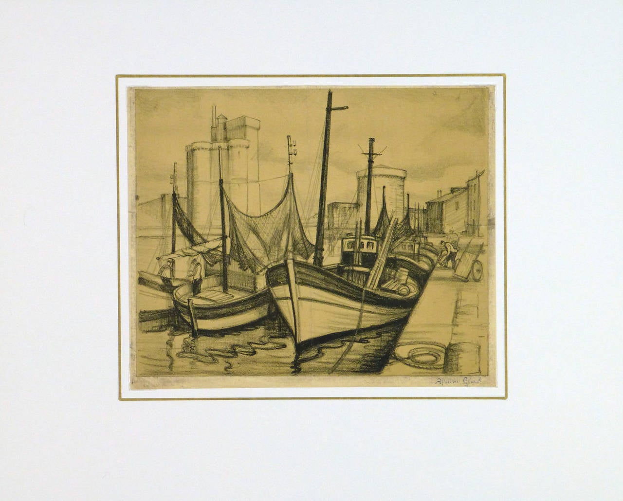 Strongly detailed seascape lithograph of docked fishing vessels in a lovely port of Provence, France by A. Gérard, circa 1930. Signed lower right.

Original vintage work of art on paper displayed on a white mat with a gold border. Mat fits a