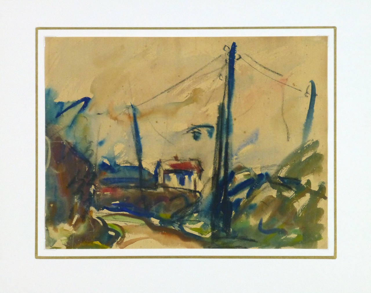 Vividly accented watercolor of a small home and utility lines running along a country backroad by French artist Raymond Deschamps, circa 1940. 

Artwork on paper displayed on a white mat with a gold border. Mat fits a standard-size frame. Archival