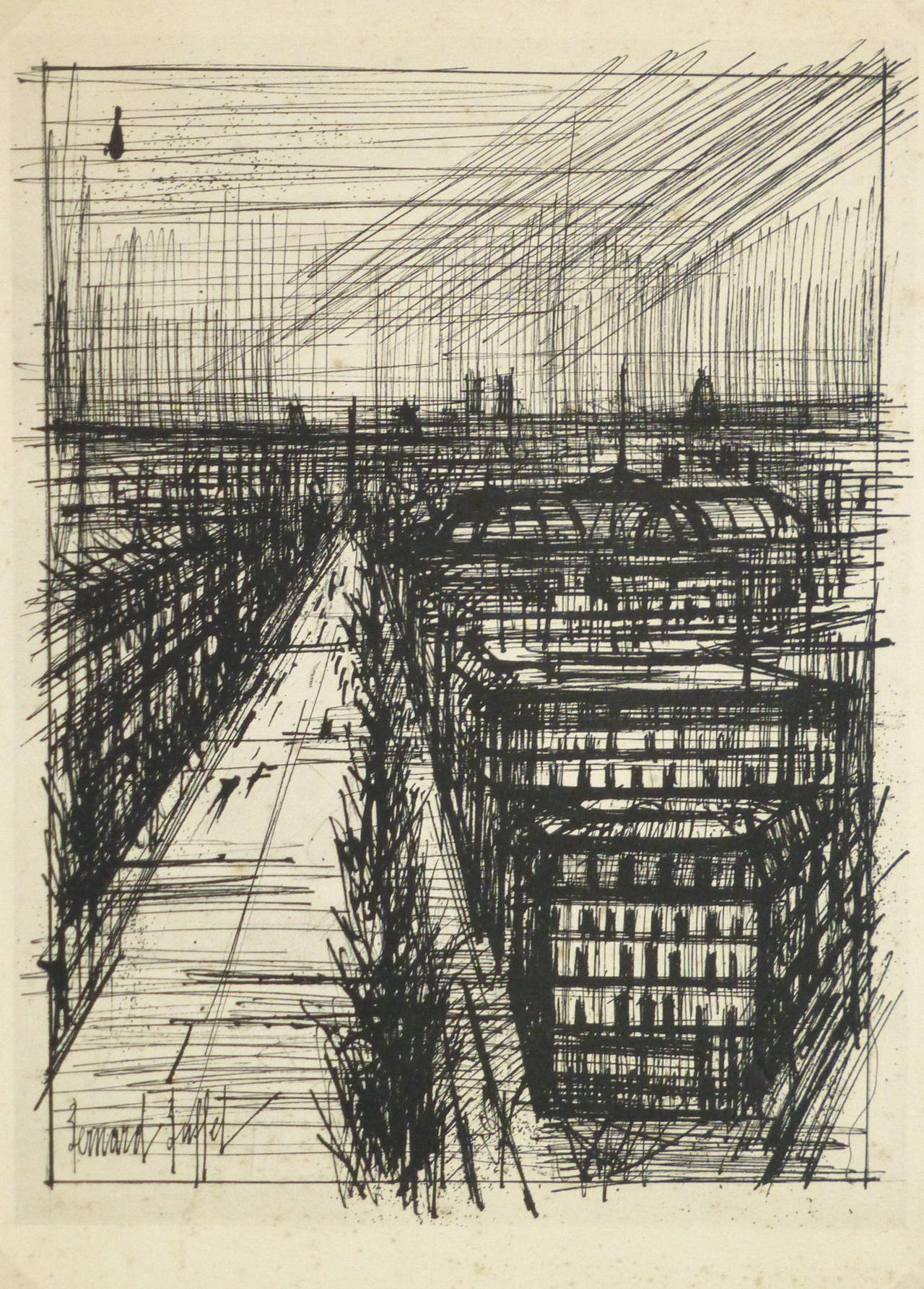Bernard Buffet Abstract Drawing - Expressionist View of Paris Rooftops - C. 1950
