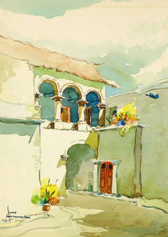 Vintage Villa Courtyard Watercolor Painting