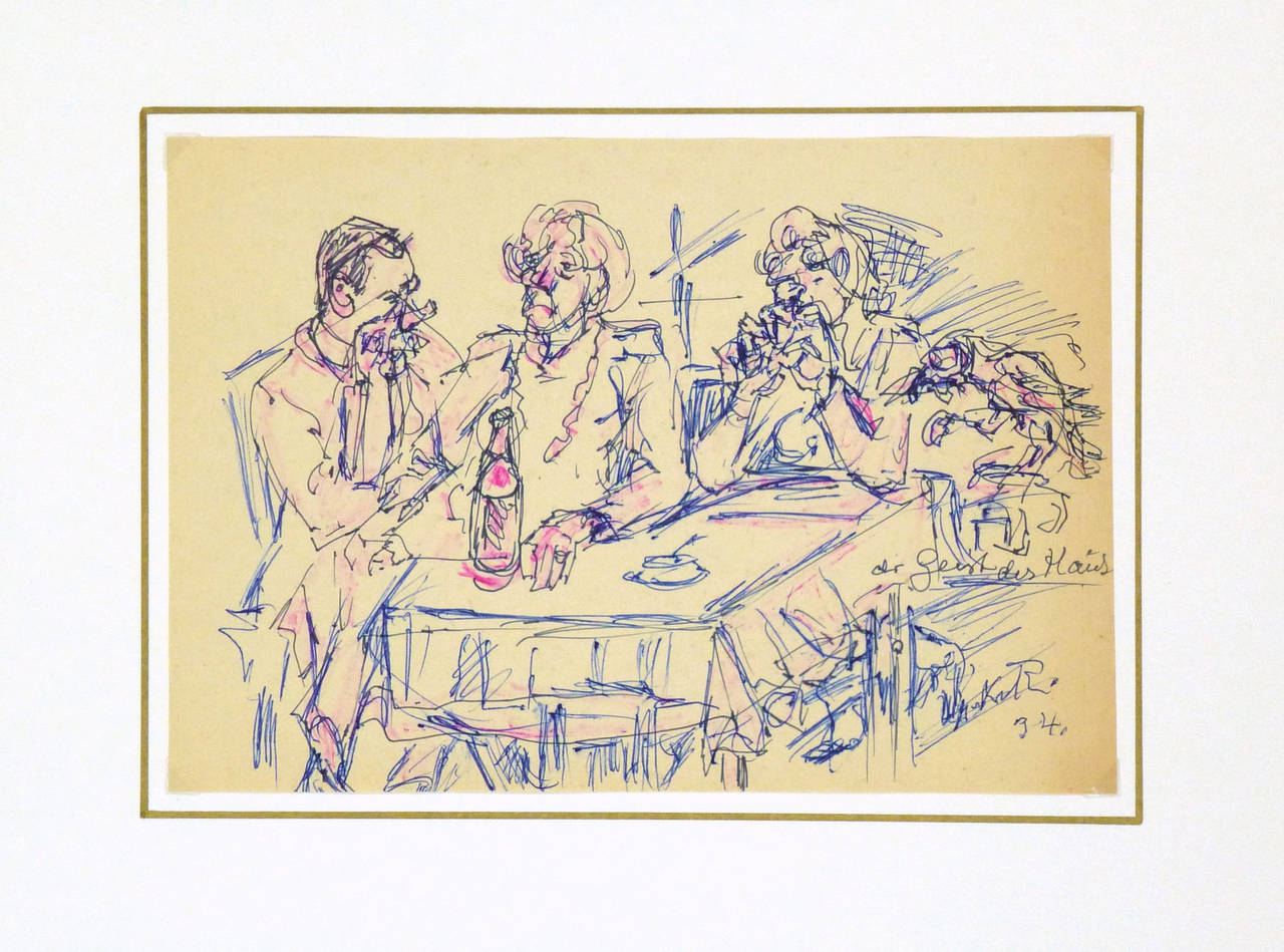 Amusing German ink sketch of a trio of three people conversing over drinks by Kaupisch von Reppert Irmgard, 1934. Signed and dated lower right.

Original one-of-a-kind vintage work of art on paper displayed on a white mat with a gold border. Mat