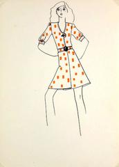 Vintage Balmain Fashion Sketch - Orange Print Dress