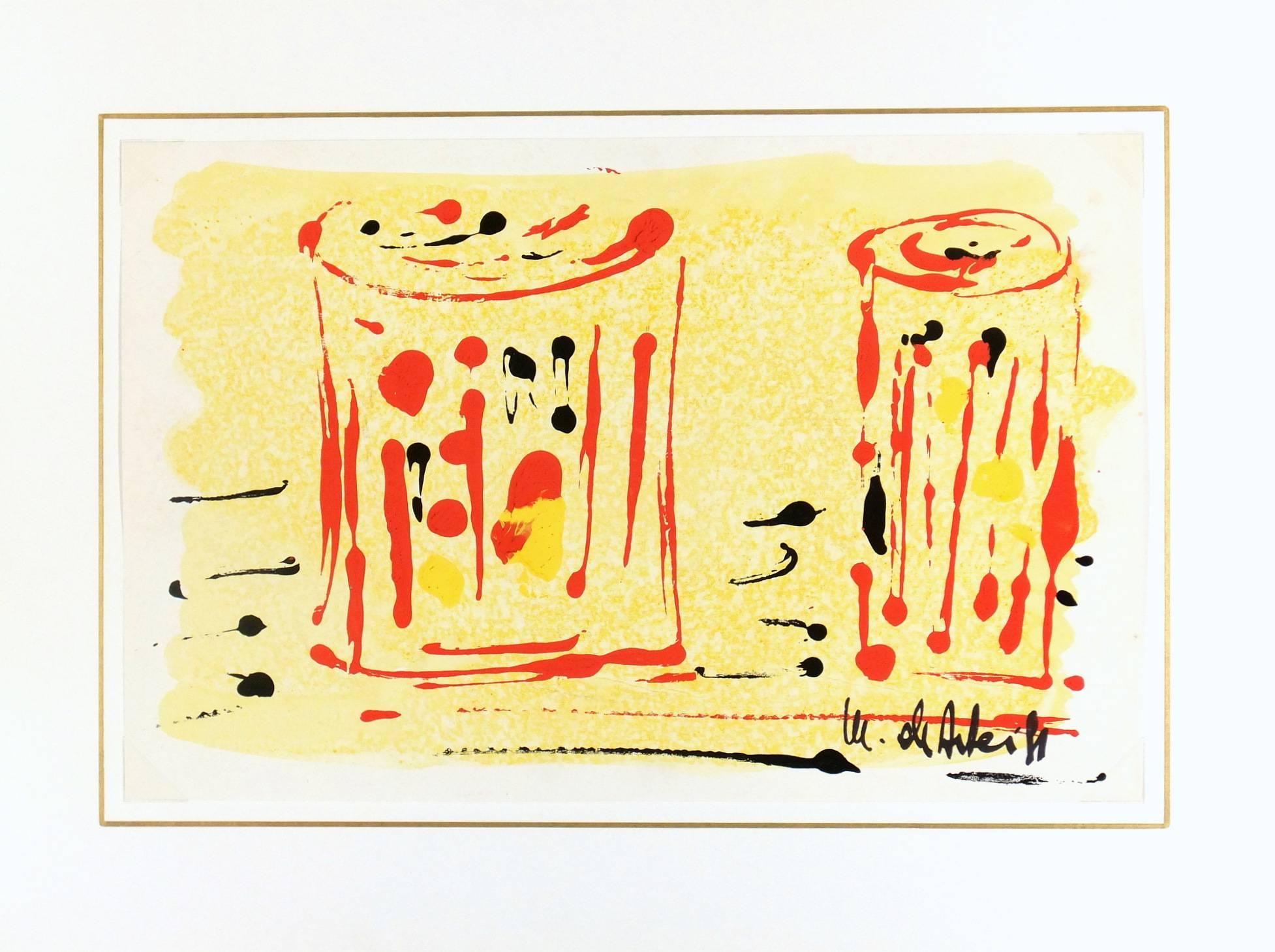 Abstract Monotype - Red Glasses - Yellow Abstract Painting by Michel de Diferi