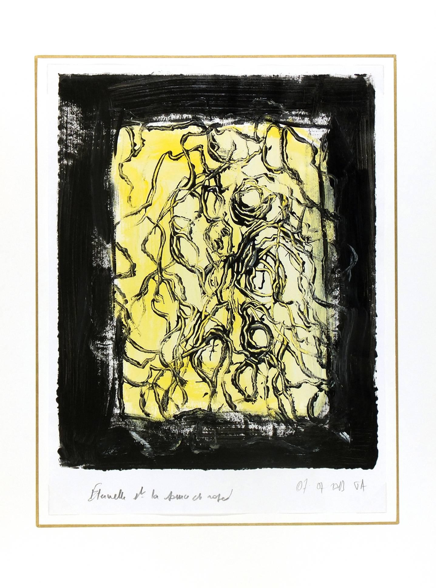 French abstract acrylic painting combing a glowing shade of yellow with deep black by artist Jacques Alary, 2013. Initialed and dated lower right and titled lower left.
Original artwork on paper displayed on a white mat with a gold border. Mat fits