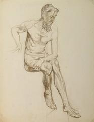 Vintage Charcoal Sketch - Seated Male Nude