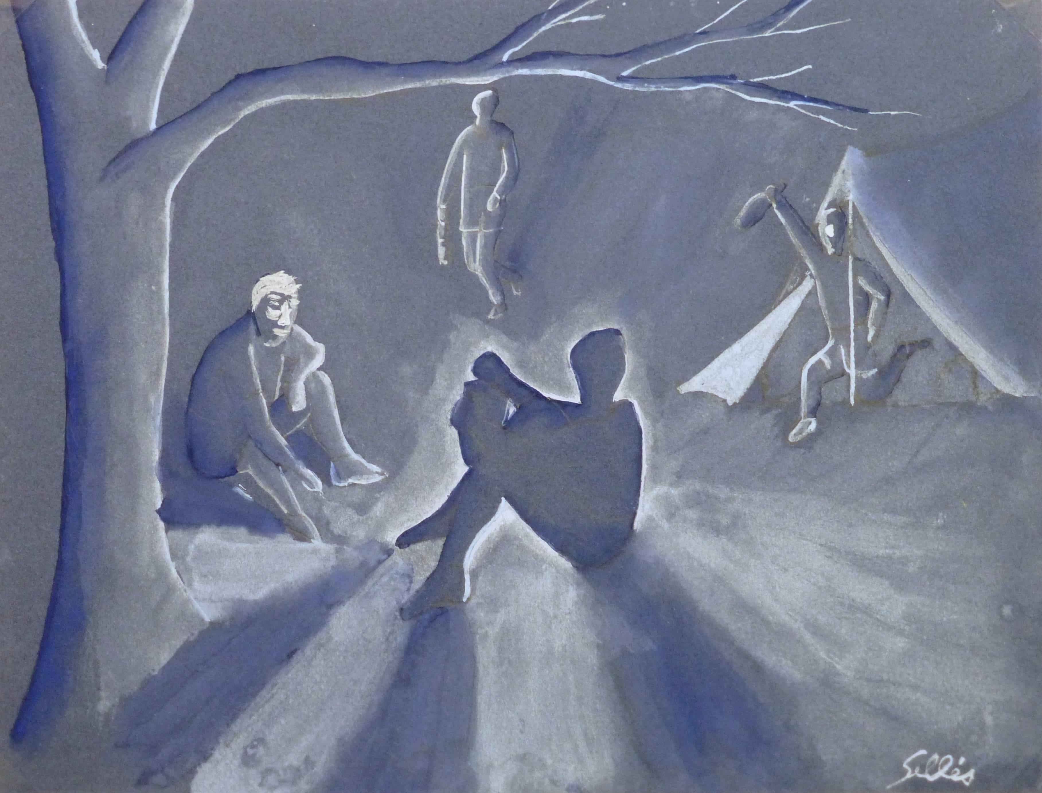 Unknown Figurative Painting - Vintage French Acrylic - Midnight Campers