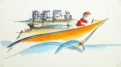 Watercolor and Ink Painting - Speed Boat