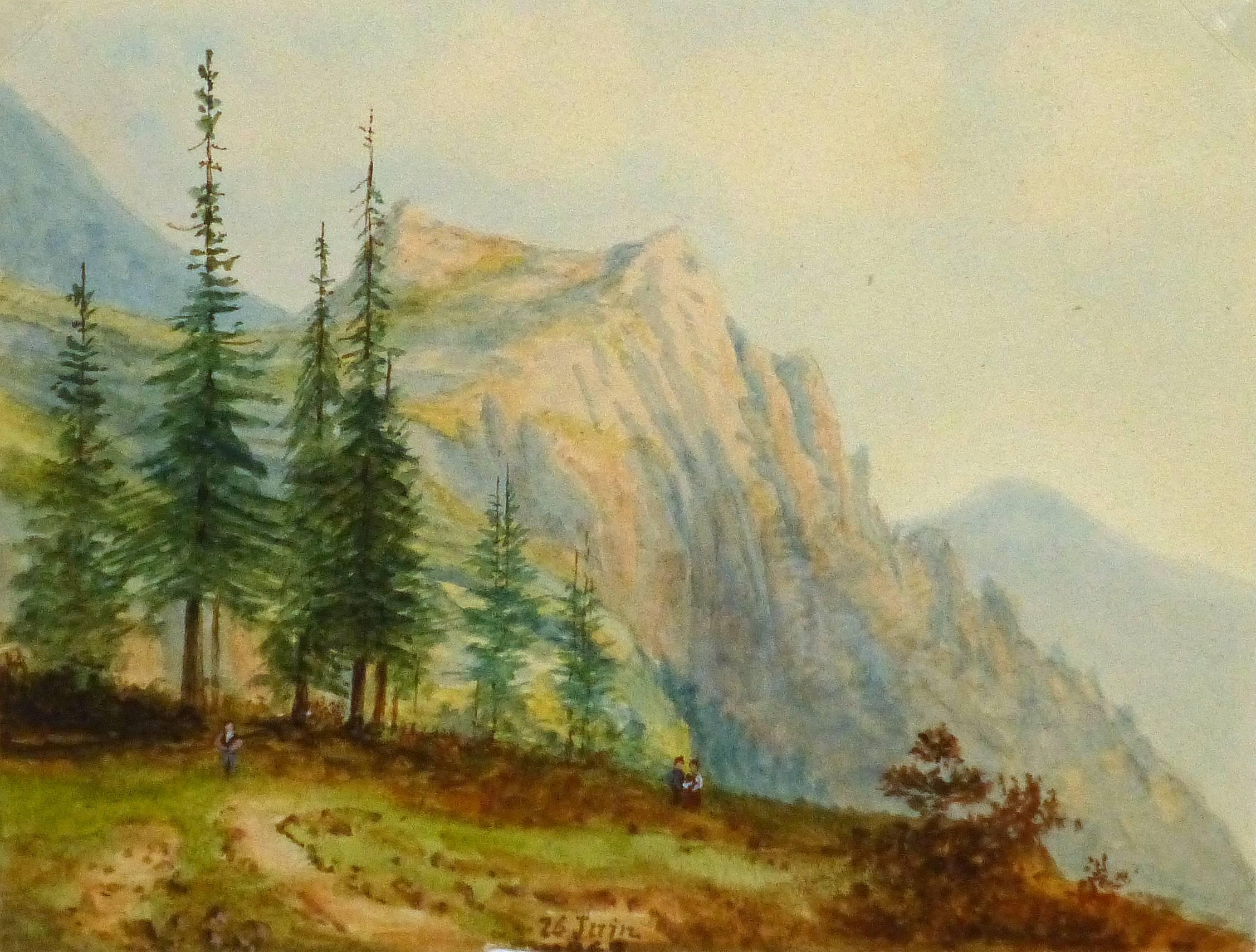 Blanche Delastre Landscape Art - Antique French Watercolor- Alpine View