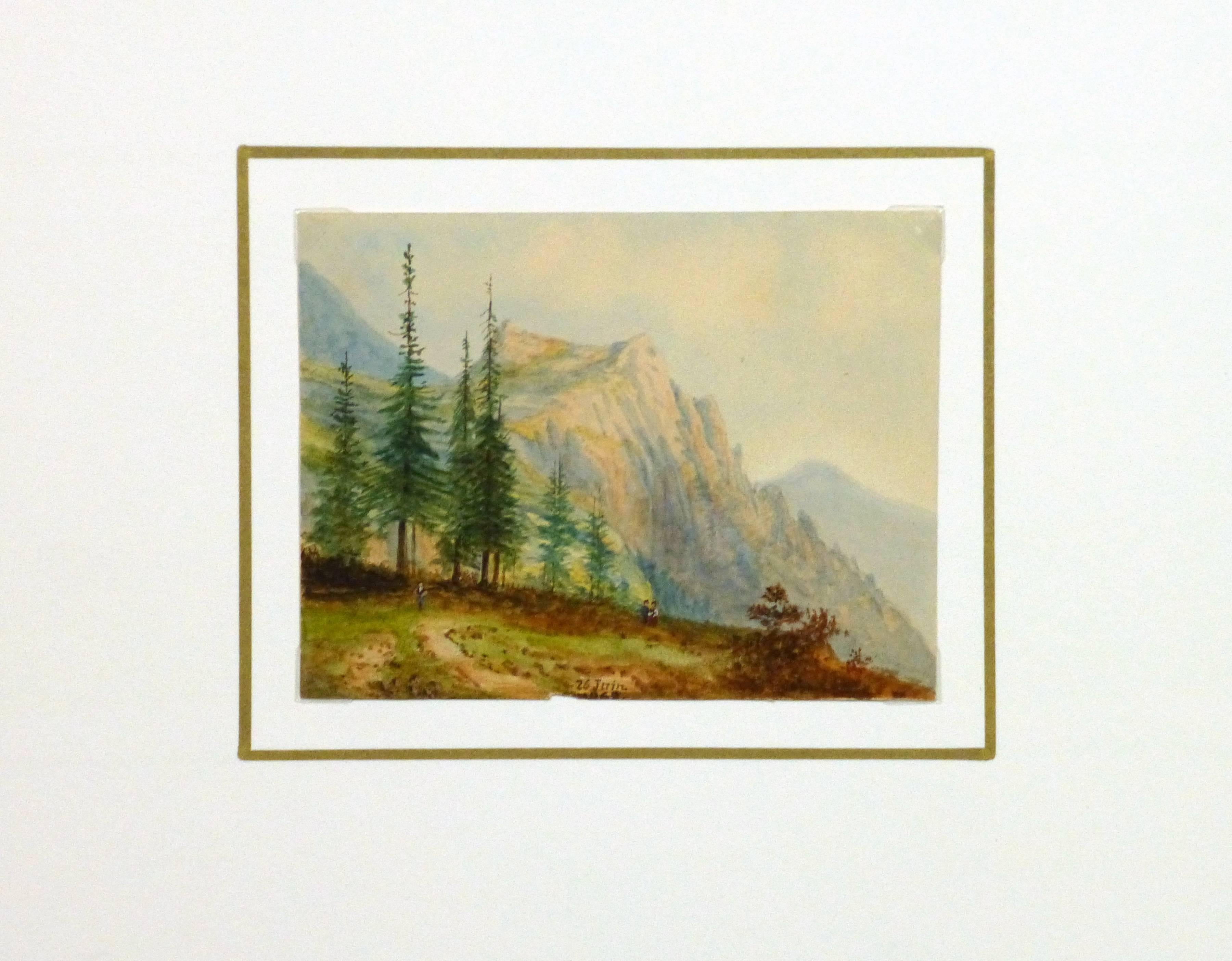 Antique French Watercolor- Alpine View - Beige Landscape Art by Blanche Delastre