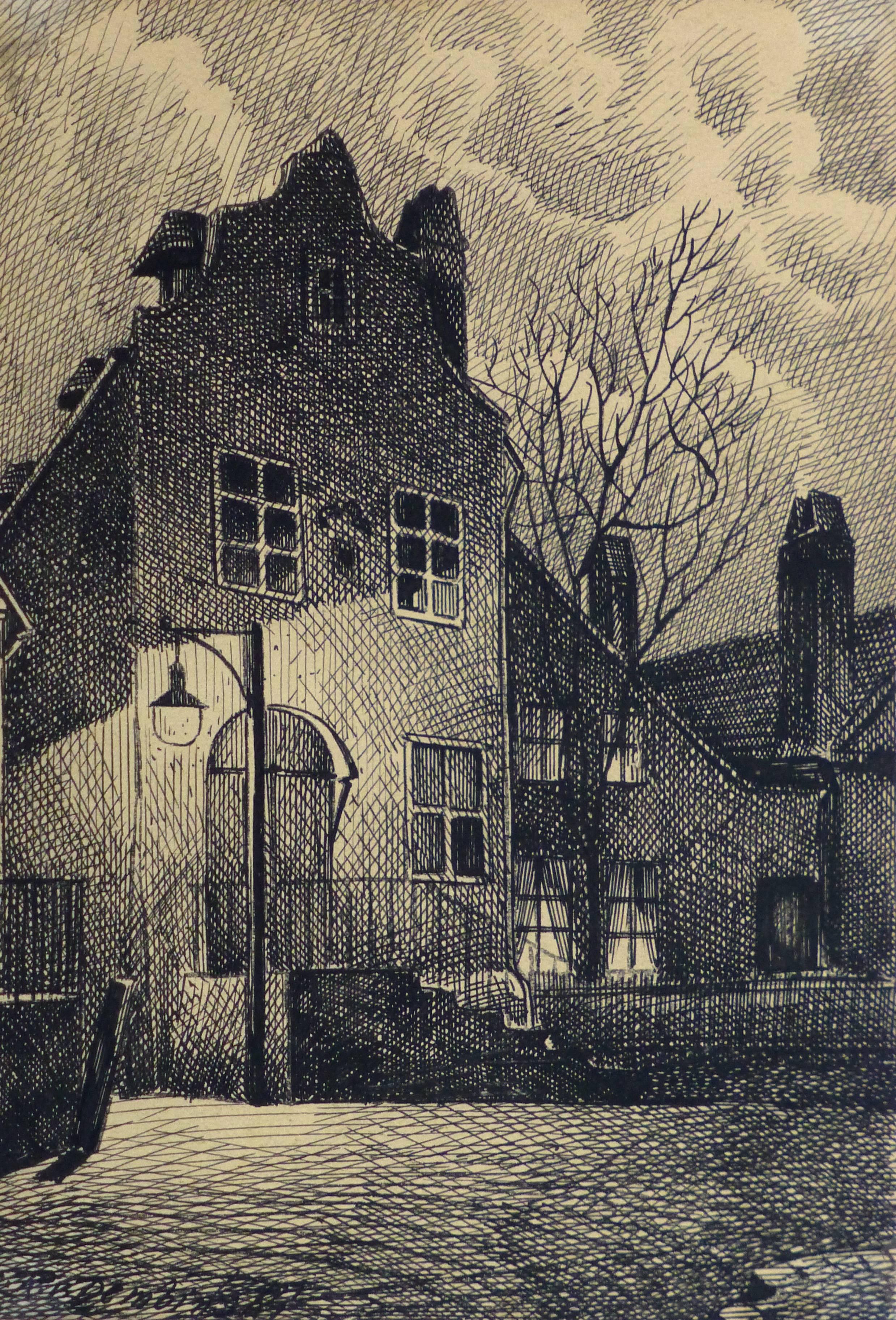 Johann Fucink Landscape Art - Vintage Pen and Ink Drawing - Evening Commence