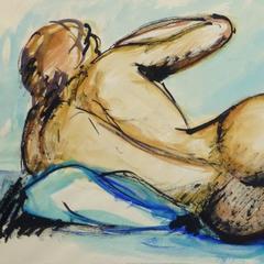 Vintage French Gouache - Blue Nude II