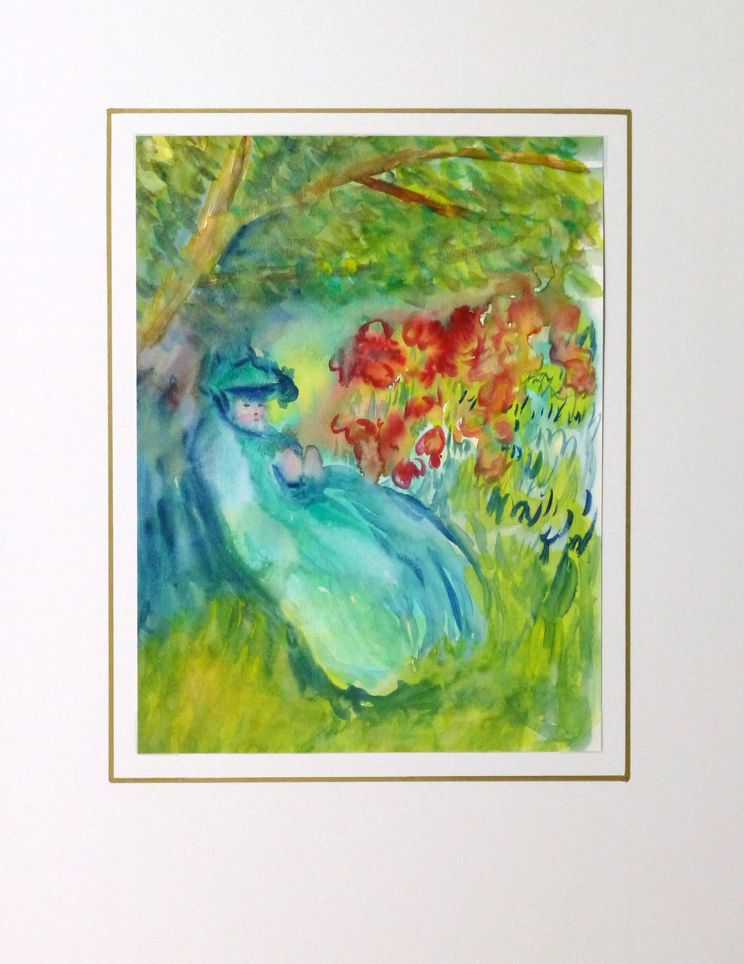 Bright and dreamy French watercolor of a woman resting in a colorful garden under the shade of a nearby tree, circa 1960. 

Original artwork on paper displayed on a white mat with a gold border. Mat fits a standard-size frame. Archival plastic