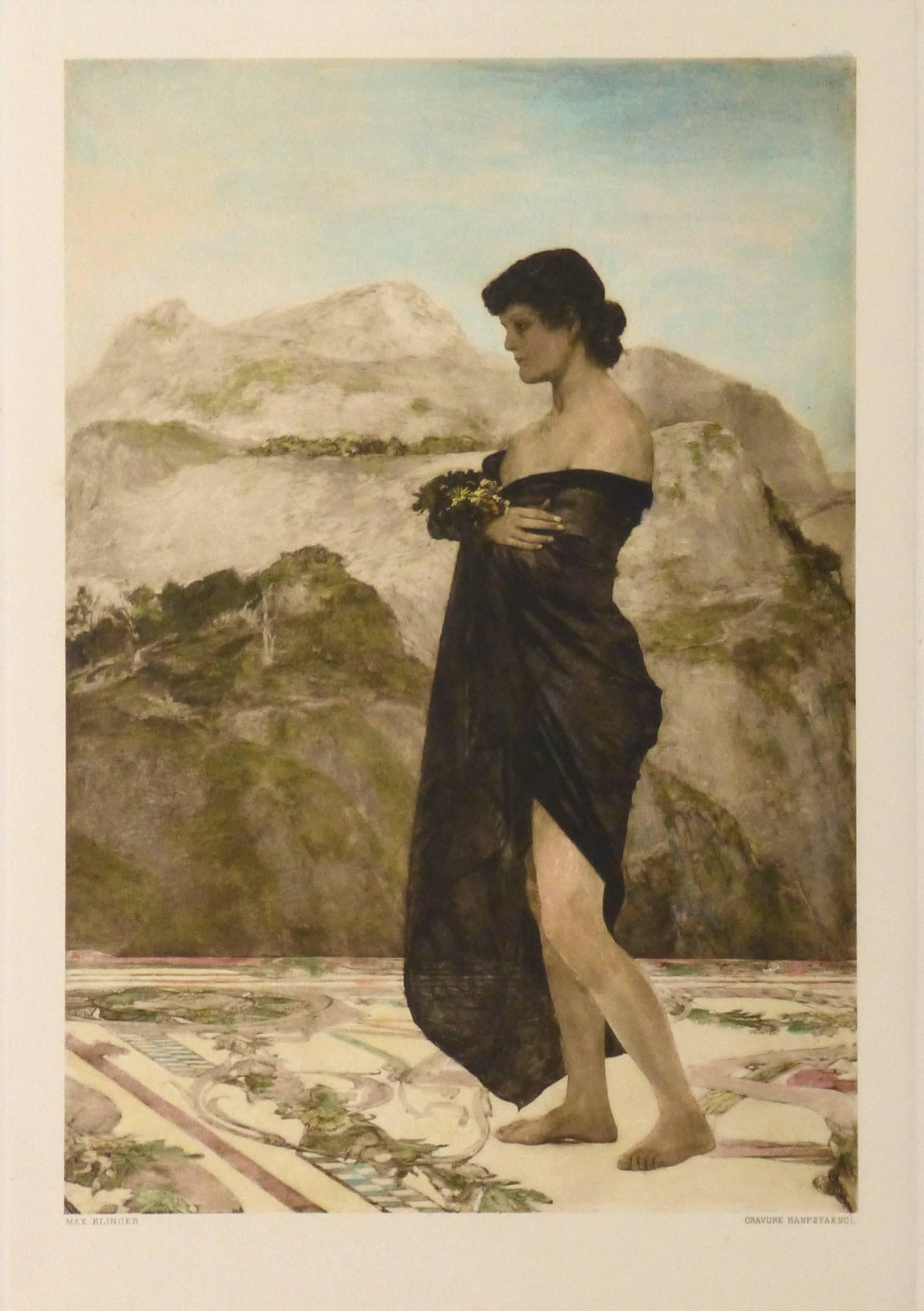 Max Klinger Figurative Print - Antique German Aquatint Etching - Woman Draped in a Cloak, Jugendstil Movement