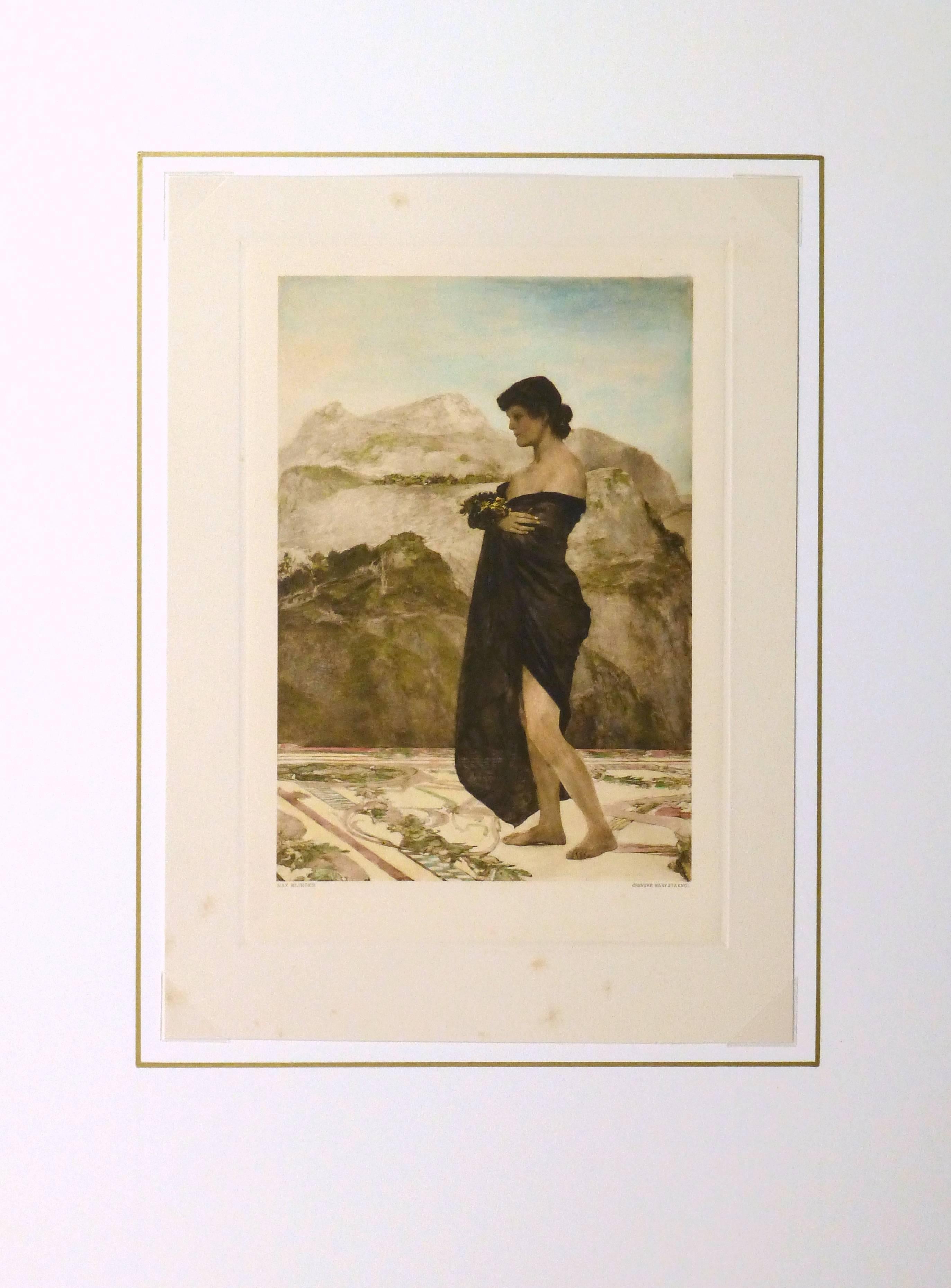 Antique German Aquatint Etching - Woman Draped in a Cloak, Jugendstil Movement - Beige Figurative Print by Max Klinger