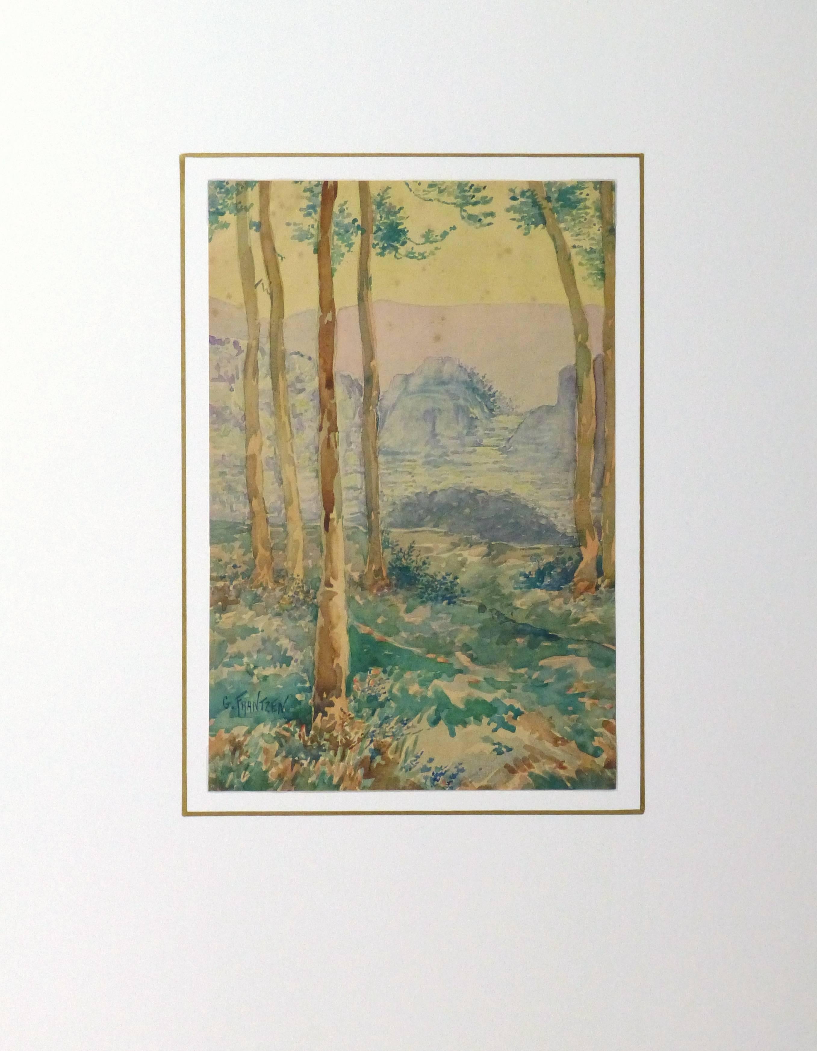 Antique Watercolor Landscape - Through the Tall Tress Mountains Appear - Gray Landscape Art by Gustave Frantzen