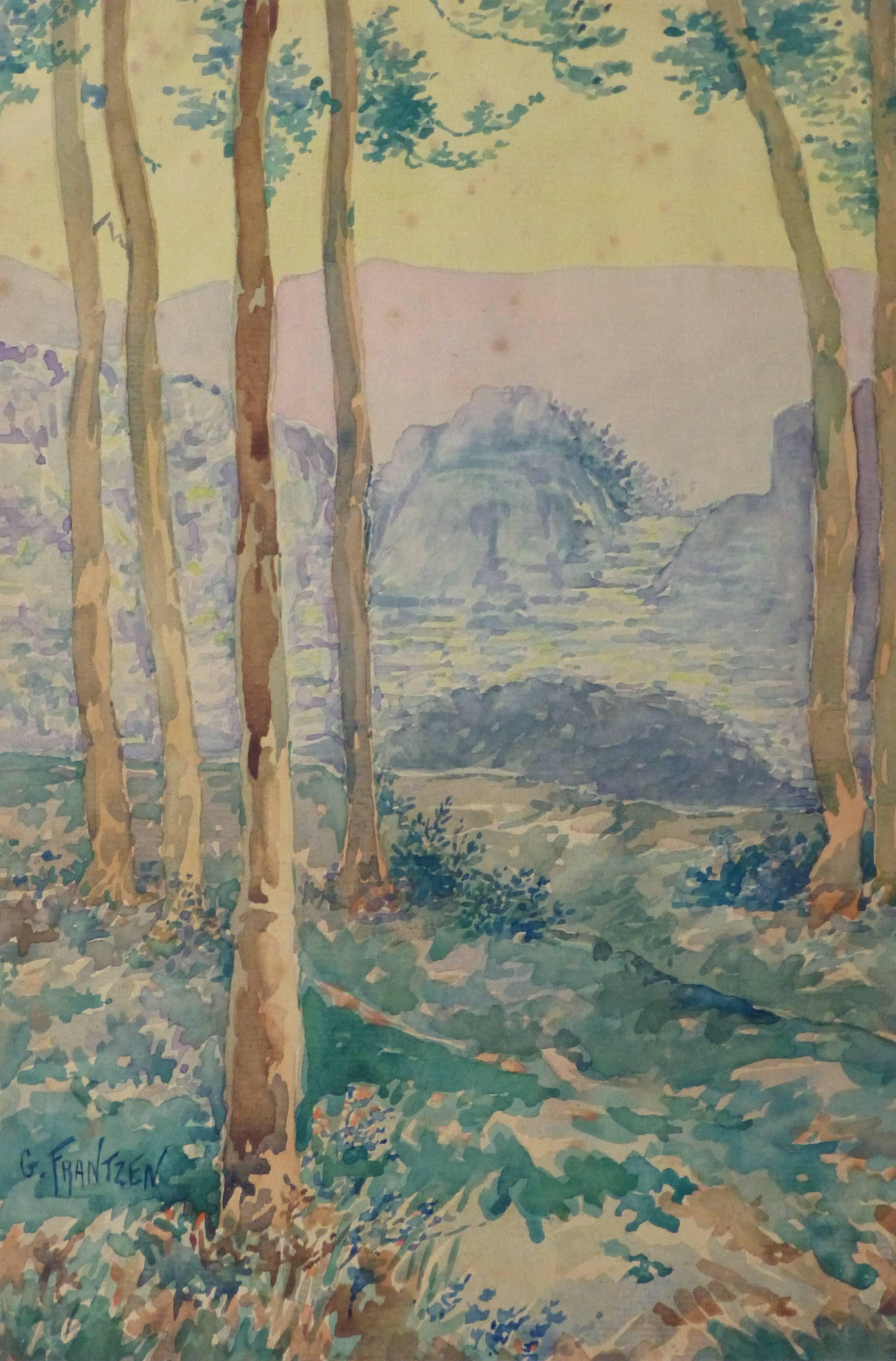 Gustave Frantzen Landscape Art - Antique Watercolor Landscape - Through the Tall Tress Mountains Appear