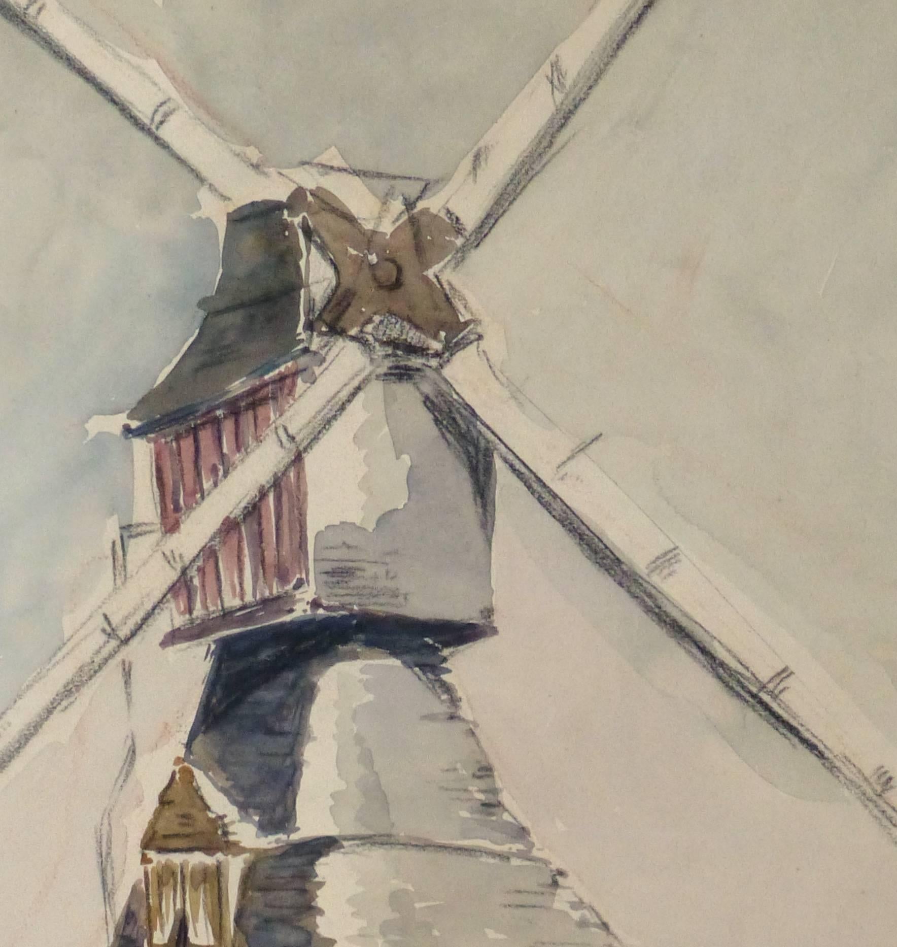 Französisches Aquarell - Windmühle – Art von Unknown