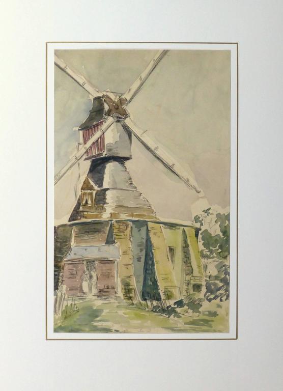 Picturesque French watercolor of a windmill in tranquil cool hues, circa 1920. 

Original artwork on paper displayed on a white mat with a gold border. Mat fits a standard-size frame. Archival plastic sleeve and Certificate of Authenticity included.