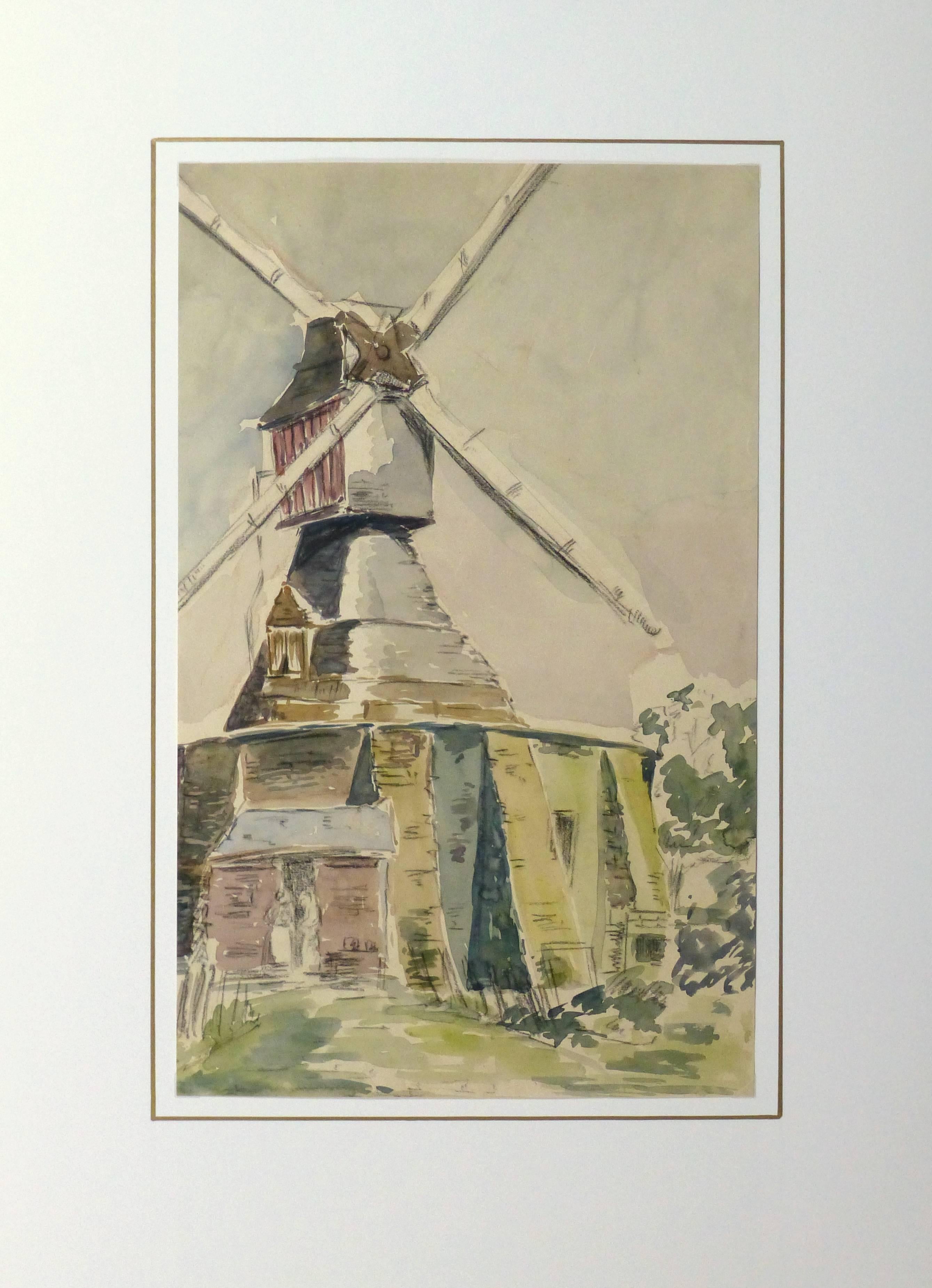 Malerisches französisches Aquarell einer Windmühle in ruhigen, kühlen Farbtönen, um 1920. 

Originalkunstwerk auf Papier auf einem weißen Passepartout mit Goldrand. Die Matte passt in einen Rahmen in Standardgröße. Inklusive Plastikhülle und