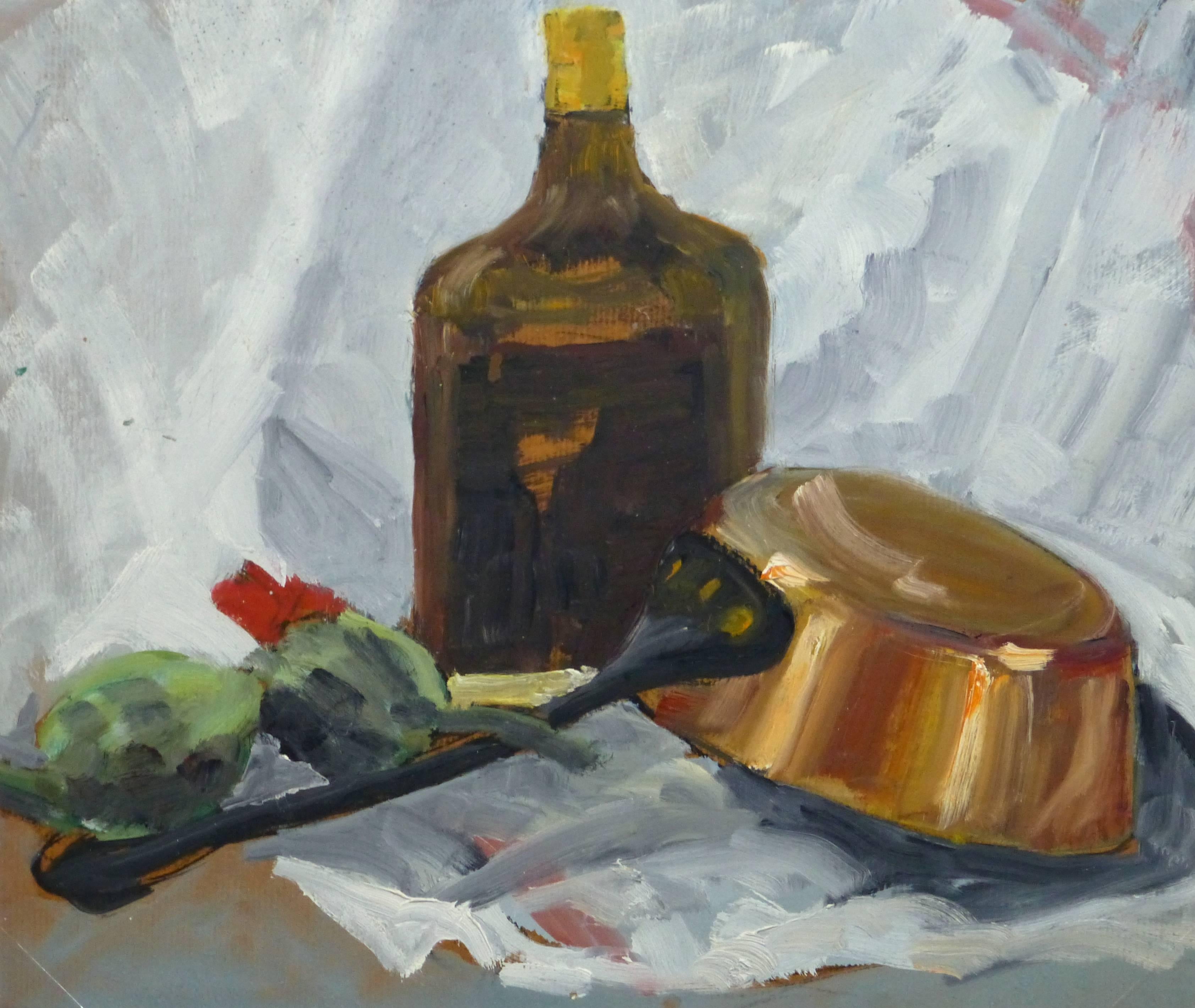Raymond Bailly Still-Life Painting - Vintage Oil Still Life - Copper Pot & Artichokes