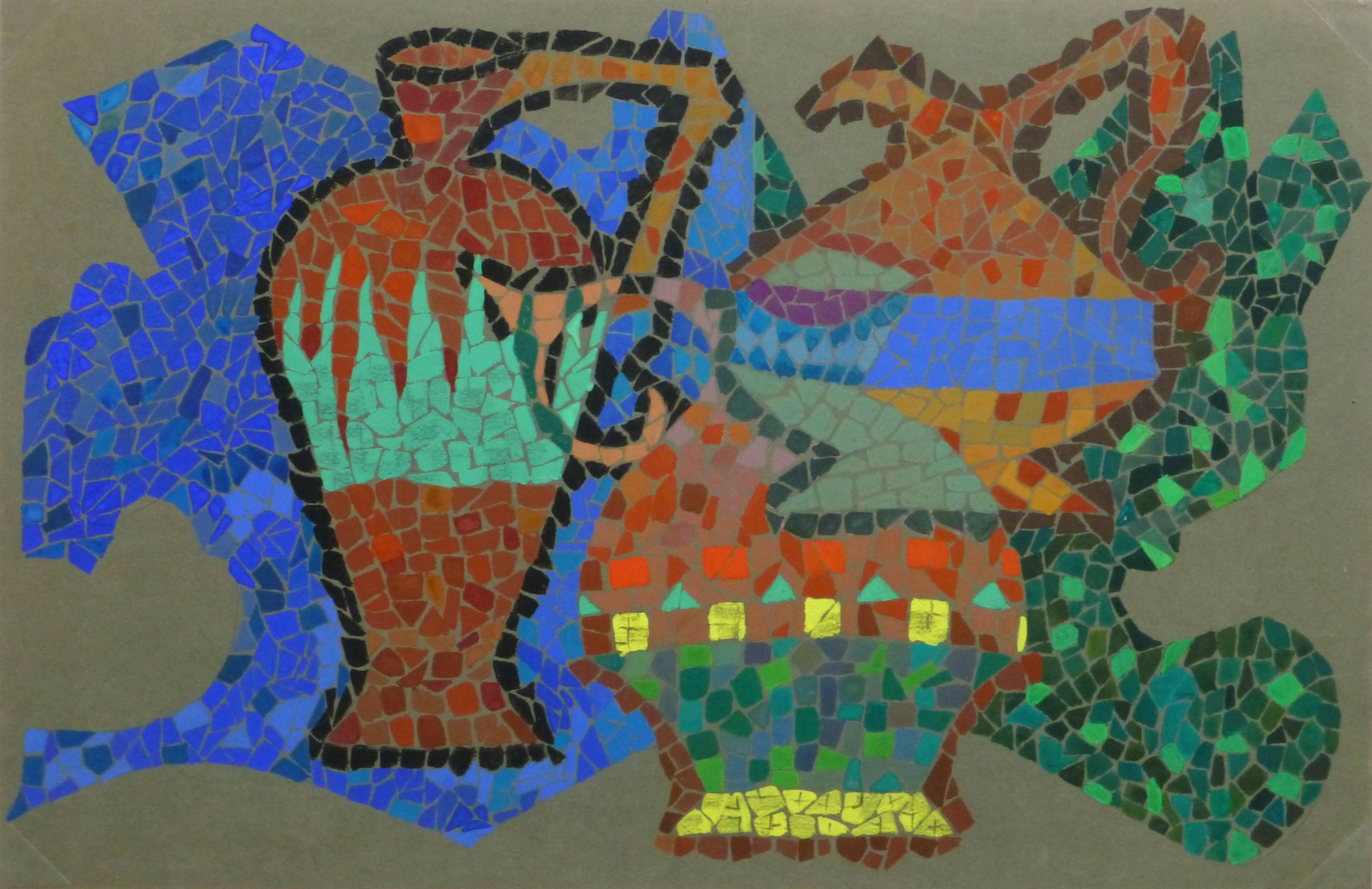 Unknown Still-Life Painting - Multicolored Vintage French Painting - Ceramic Pitchers in Mosaic Style