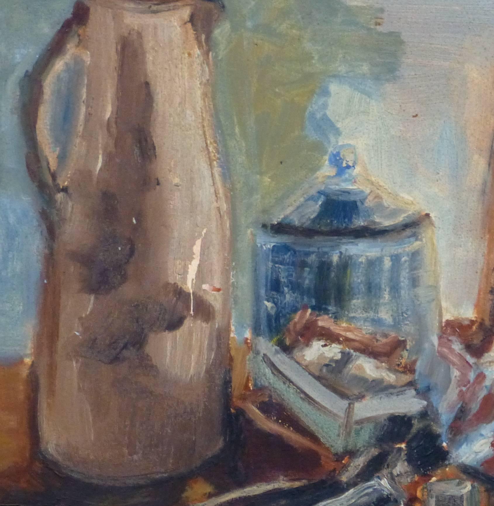 Vintage French Oil Still Life - The Painter's Box - Painting by Unknown
