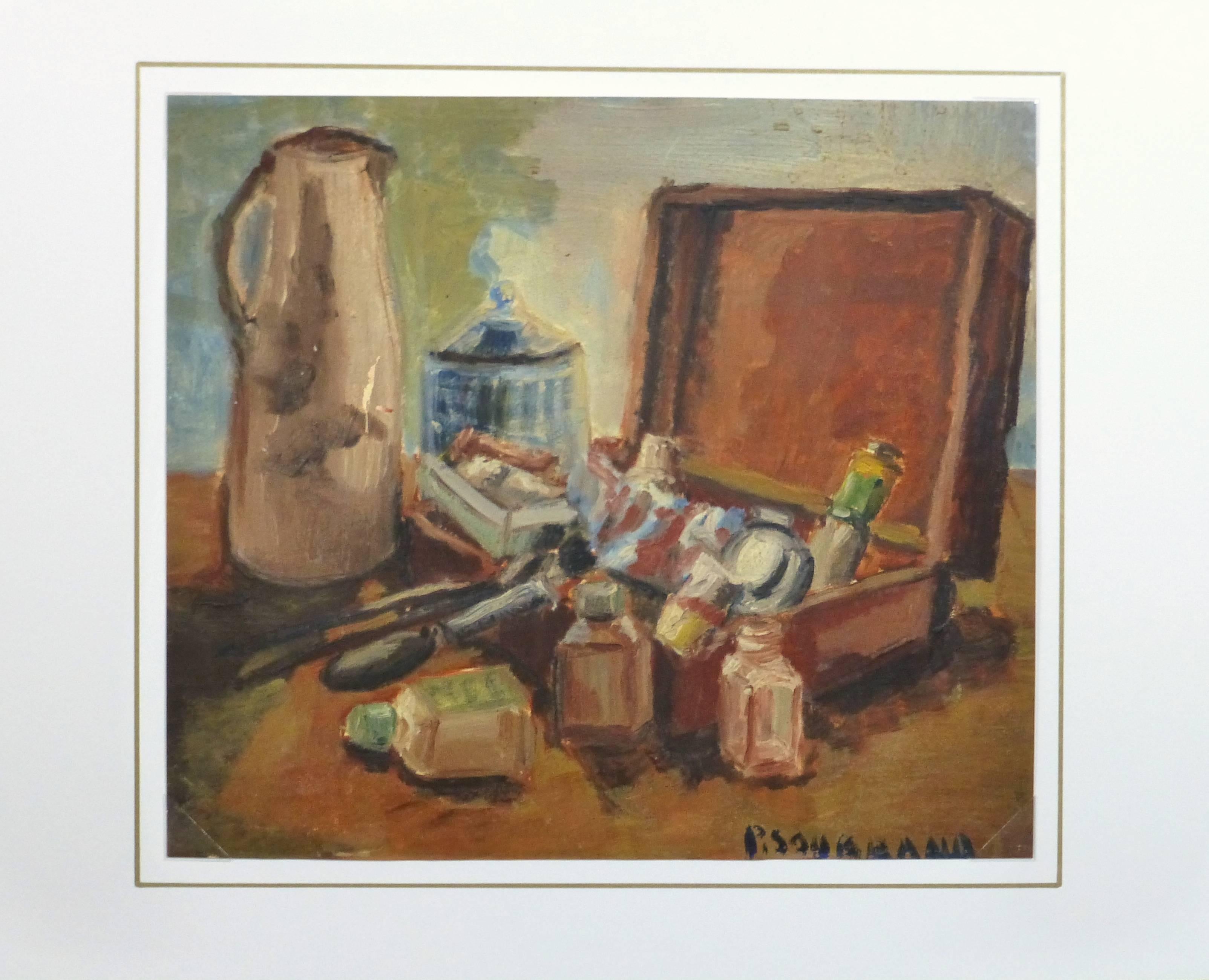 Warmly hued oil on paper still life of open wooden box with artist's supplies spilling out, circa 1930. Signiert unten rechts. 

Original artwork on paper displayed on a white mat with a gold border. Mat fits a standard-size frame. Archival plastic