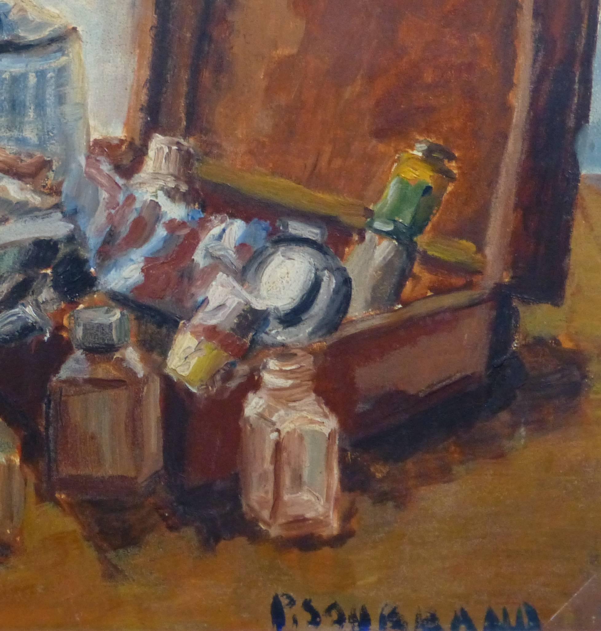 Französisches Öl-Stillleben im Vintage-Stil – Schatulle des Malers (Braun), Still-Life Painting, von Unknown