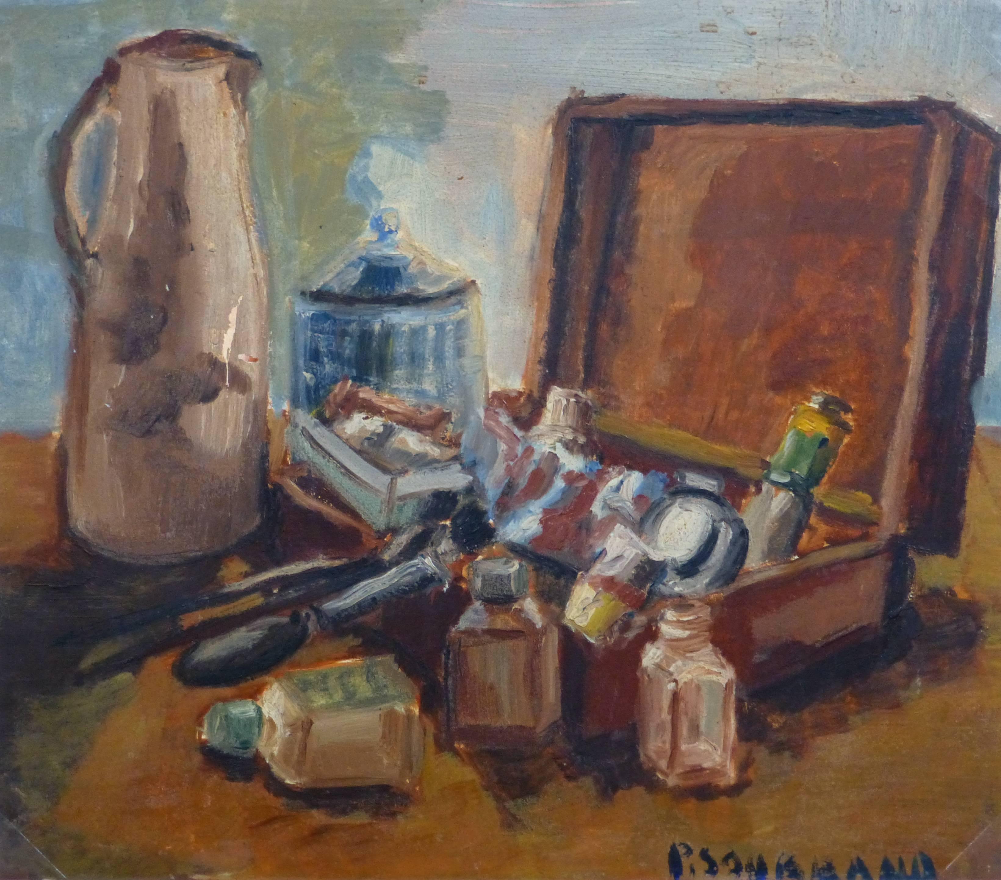 Unknown Still-Life Painting – Französisches Öl-Stillleben im Vintage-Stil – Schatulle des Malers