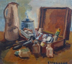 Nature morte française à l'huile vintage - La boîte du peintre