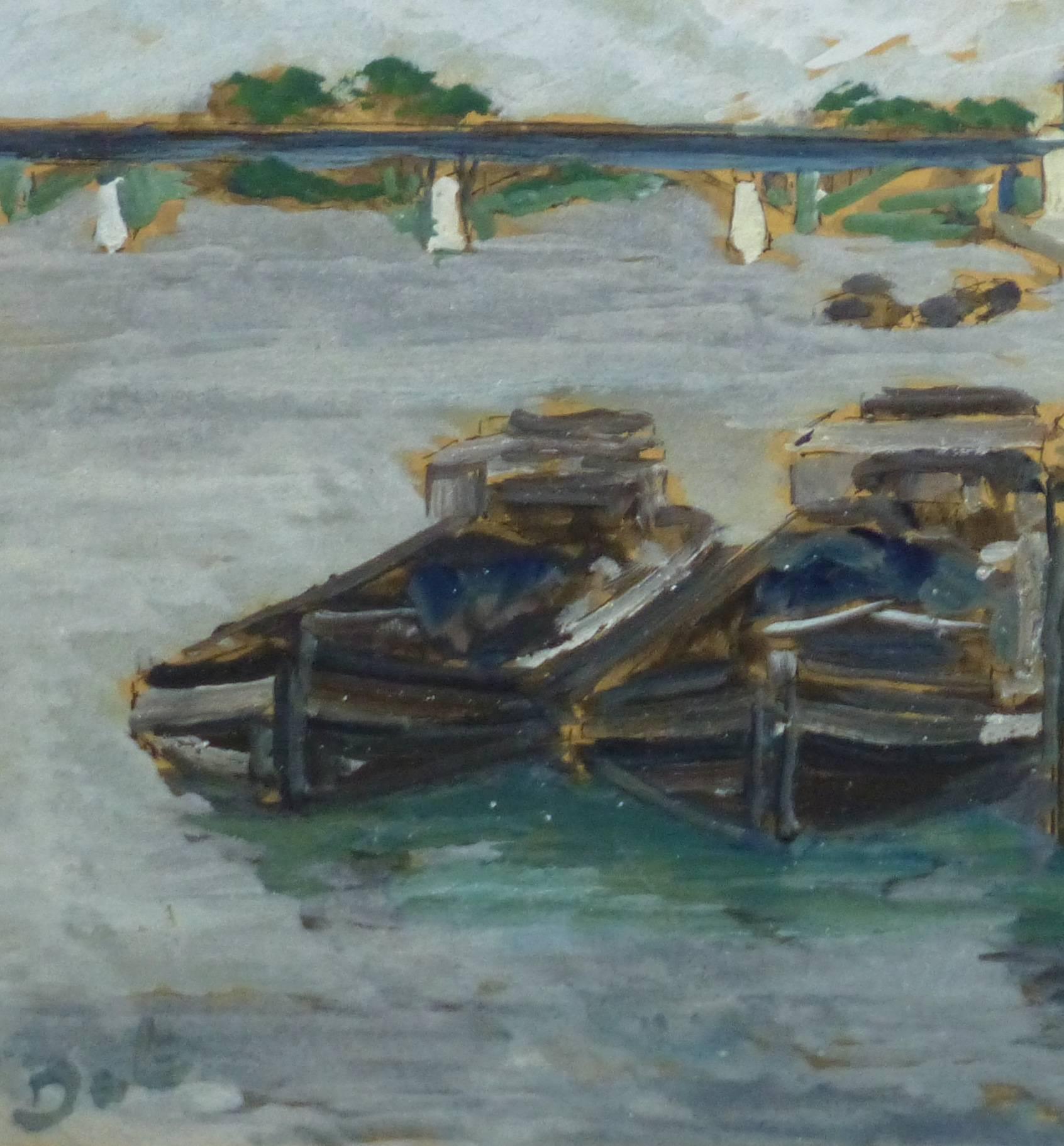 Vintage French Oil Landscape - The Dock - Painting by Unknown